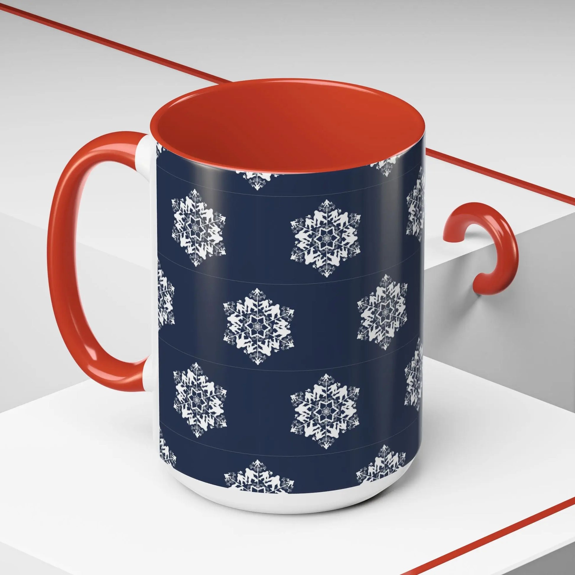 Bigfoot Snowflake Accent Coffee Mug – Navy Holiday Ceramic Cup (11oz/15oz) Printify
