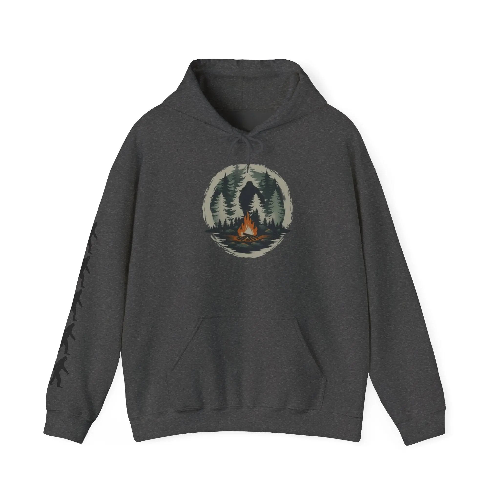 Dark gray hoodie with a forest and campfire graphic and black bigfoot silhouettes on the right sleeve on a white background on a white background