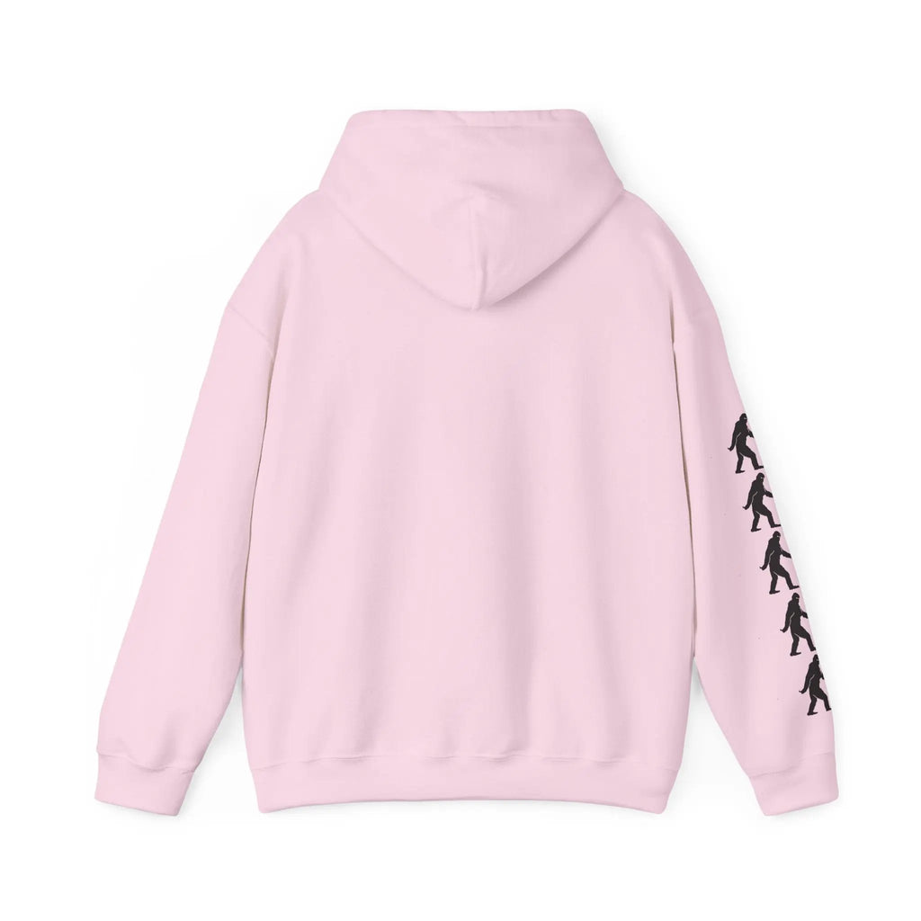 Pink hoodie back with black bigfoot graphic on sleeve against a white background