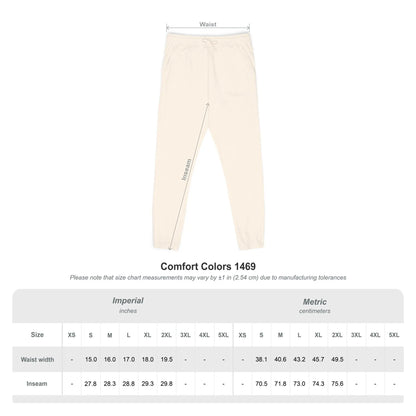 Beige pants with a size chart on a white background