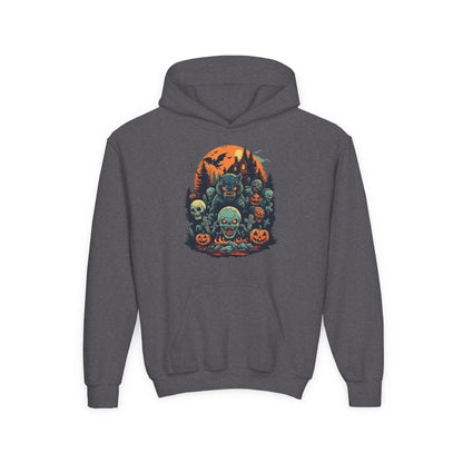 Gray hoodie with a colorful Halloween graphic design of werewolves, zombies, and other cryptids on a white background