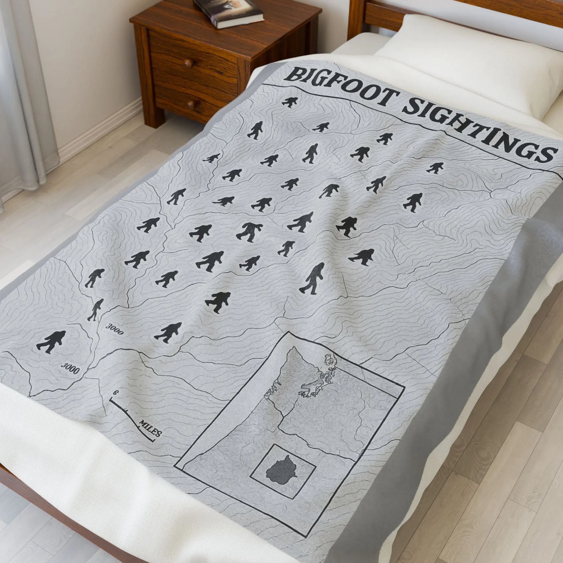 Oregon Bigfoot Sightings Velveteen Plush Blanket — Retro Map Sasquatch Throw Printify