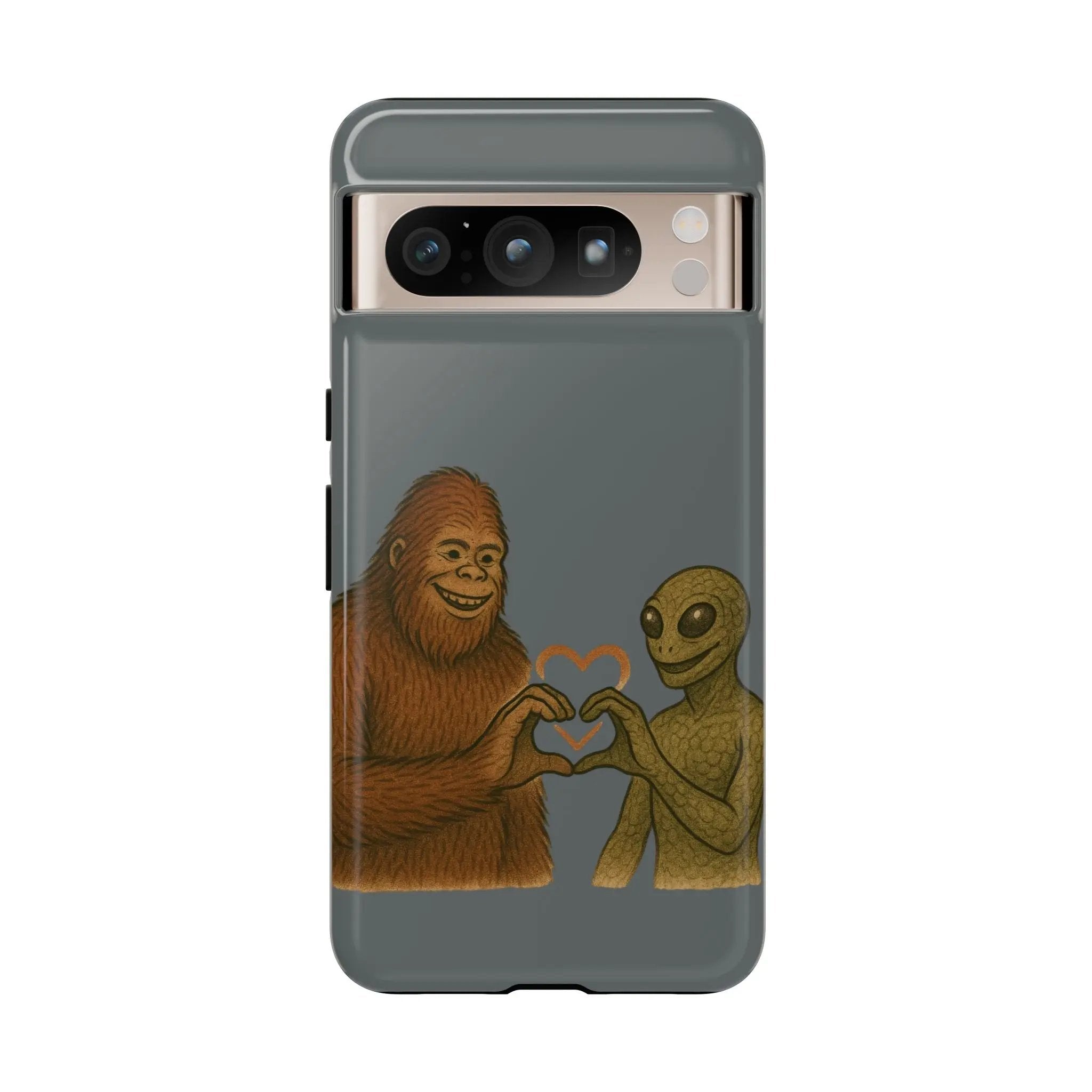 Bigfoot & Lizard Person Hand Heart Phone Case – Fun & Unique Cryptid Design, Perfect Gift for Adults Printify