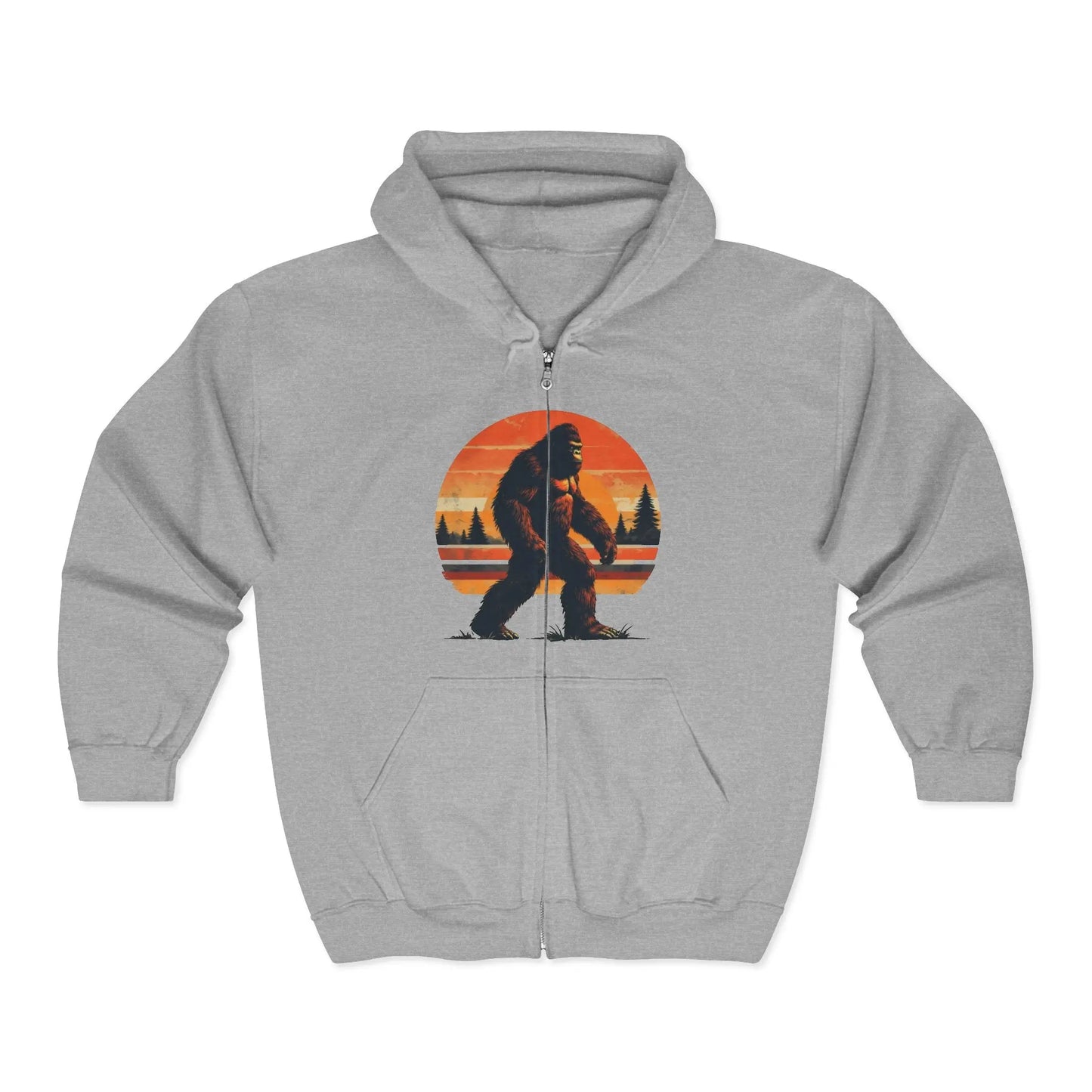 Sunset Sasquatch Zip-Up Hoodie – Warm, Durable Outdoor Layer Printify