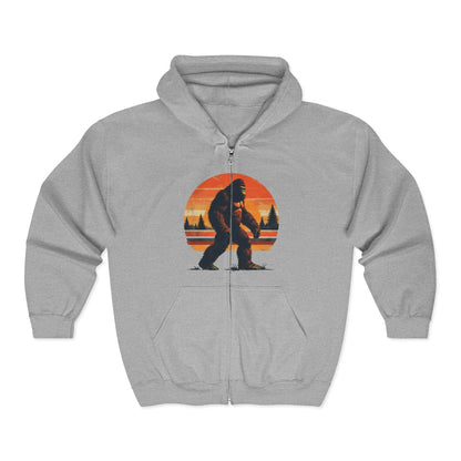 Sunset Sasquatch Zip-Up Hoodie – Warm, Durable Outdoor Layer Printify