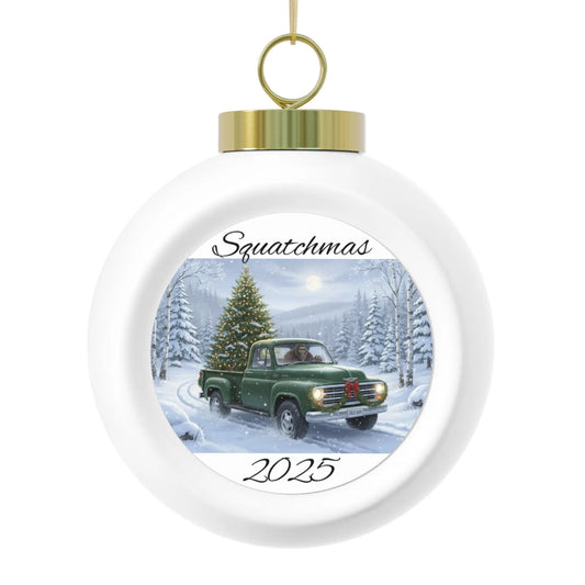 Squatchmas 2025 Ceramic Christmas Ornament — Vintage Green Truck with Tree Holiday Ball Printify