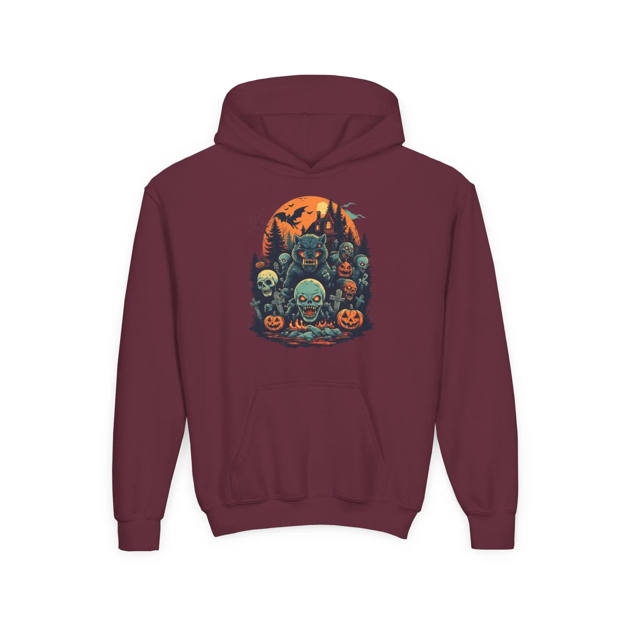 Maroon hoodie with a colorful Halloween graphic design of werewolves, zombies, and other cryptids on a white background