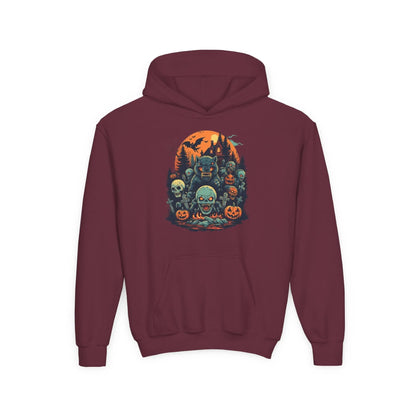 Maroon hoodie with a colorful Halloween graphic design of werewolves, zombies, and other cryptids on a white background