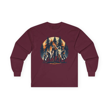 Unisex Bigfoot Long Sleeve Tee – Forest & Camping Shirt, Outdoor Adventure Gift, Halloween & Nature Apparel Printify