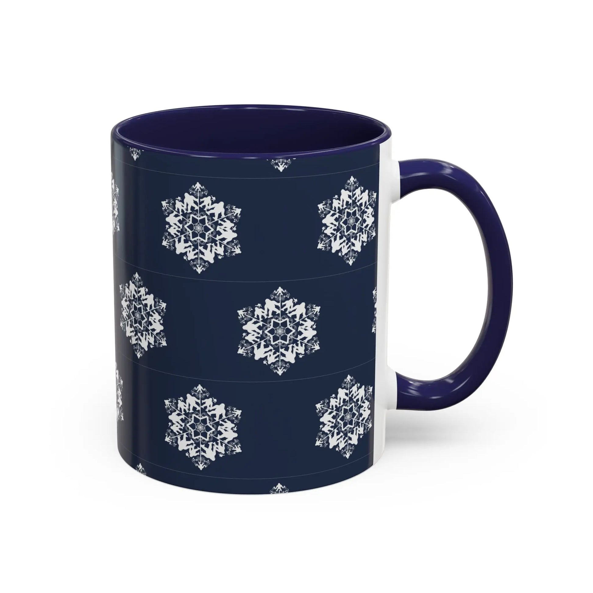 Bigfoot Snowflake Accent Coffee Mug – Navy Holiday Ceramic Cup (11oz/15oz) Printify