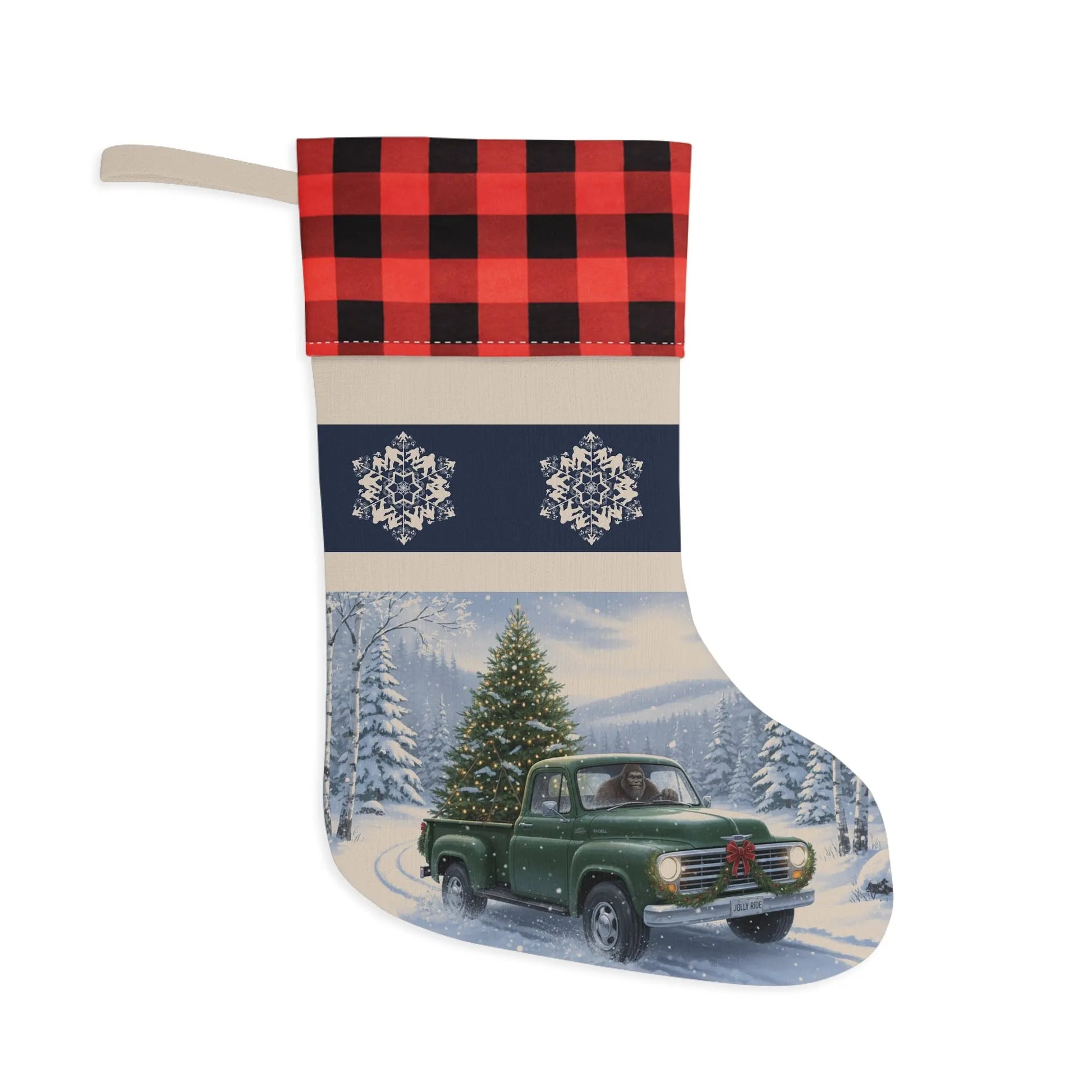 Bigfoot Christmas Stocking – Vintage Truck with Tree & Snowflake Design - Squatch Wear
