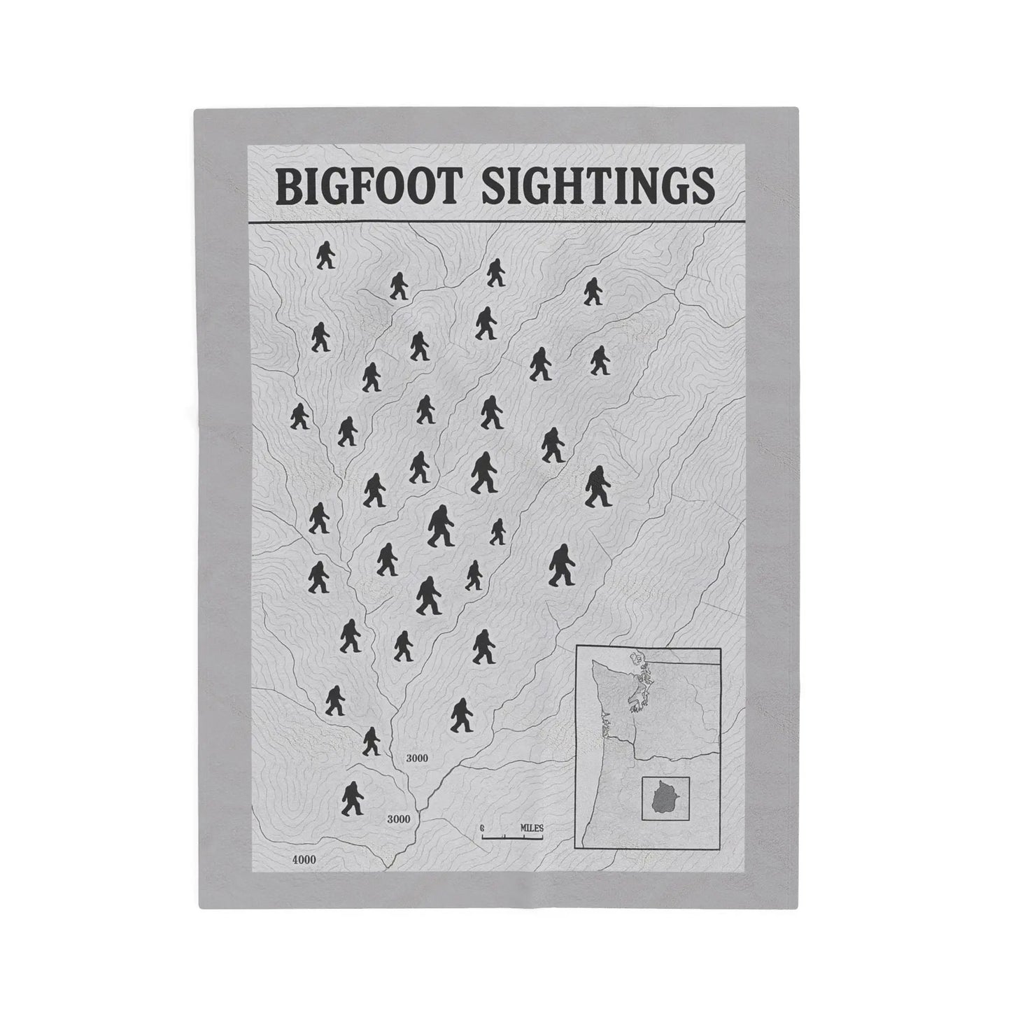 Oregon Bigfoot Sightings Velveteen Plush Blanket — Retro Map Sasquatch Throw Printify