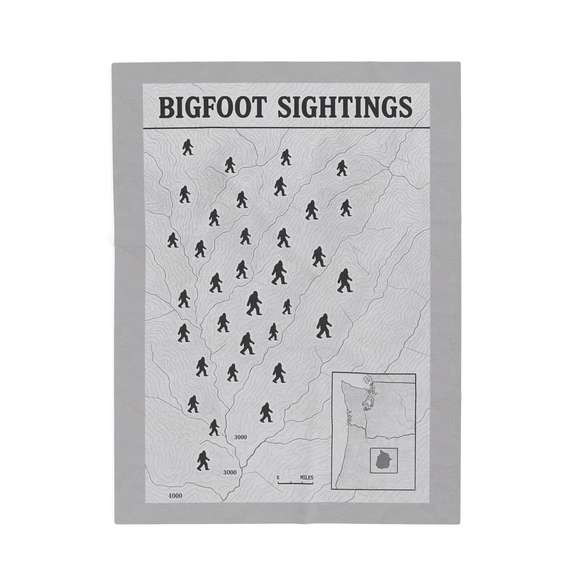 Oregon Bigfoot Sightings Velveteen Plush Blanket — Retro Map Sasquatch Throw Printify