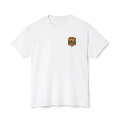 Adventure Patch T-Shirt — Vintage Mountain Forest Logo Tee | Outdoors Lifestyle Shirt