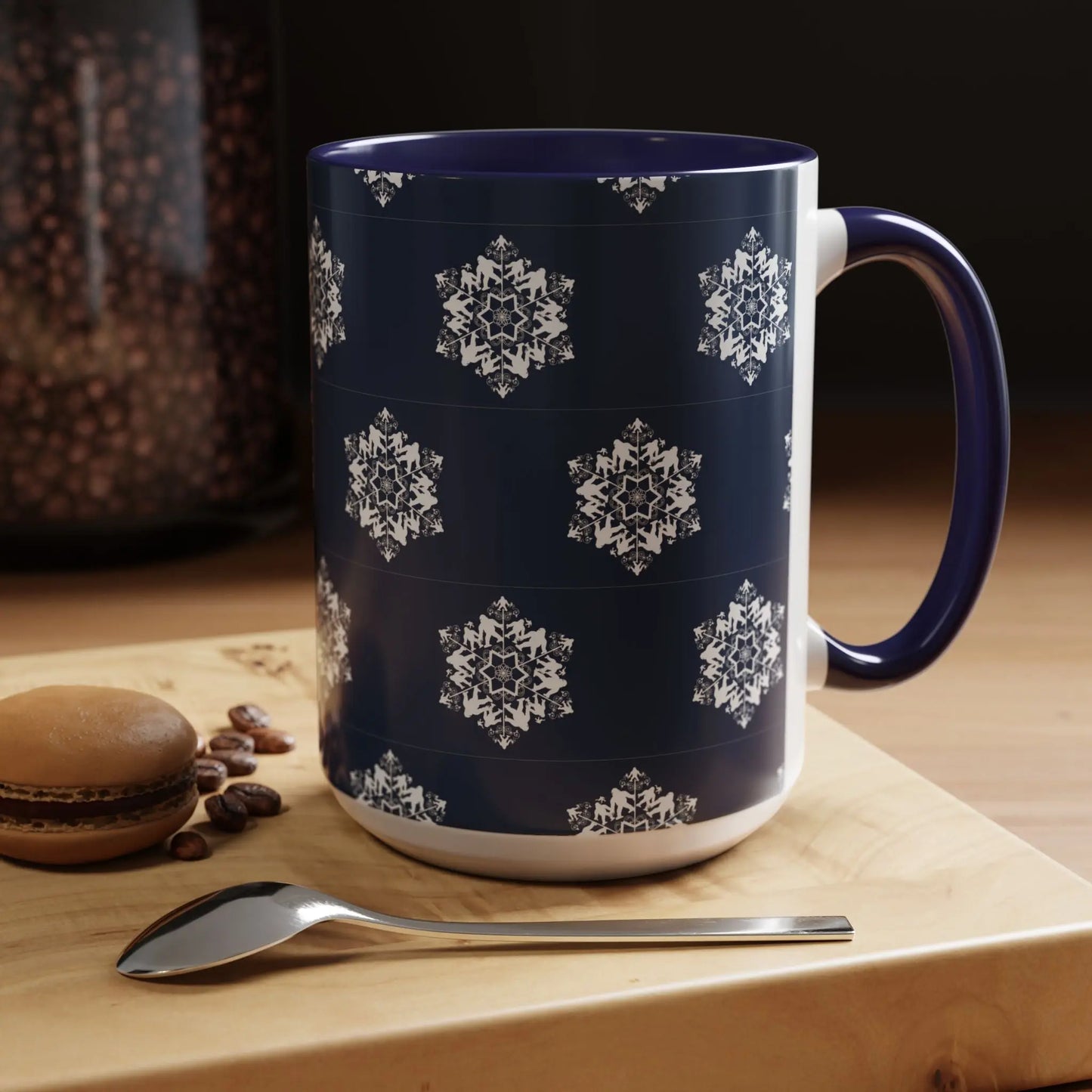 Bigfoot Snowflake Accent Coffee Mug – Navy Holiday Ceramic Cup (11oz/15oz) Printify