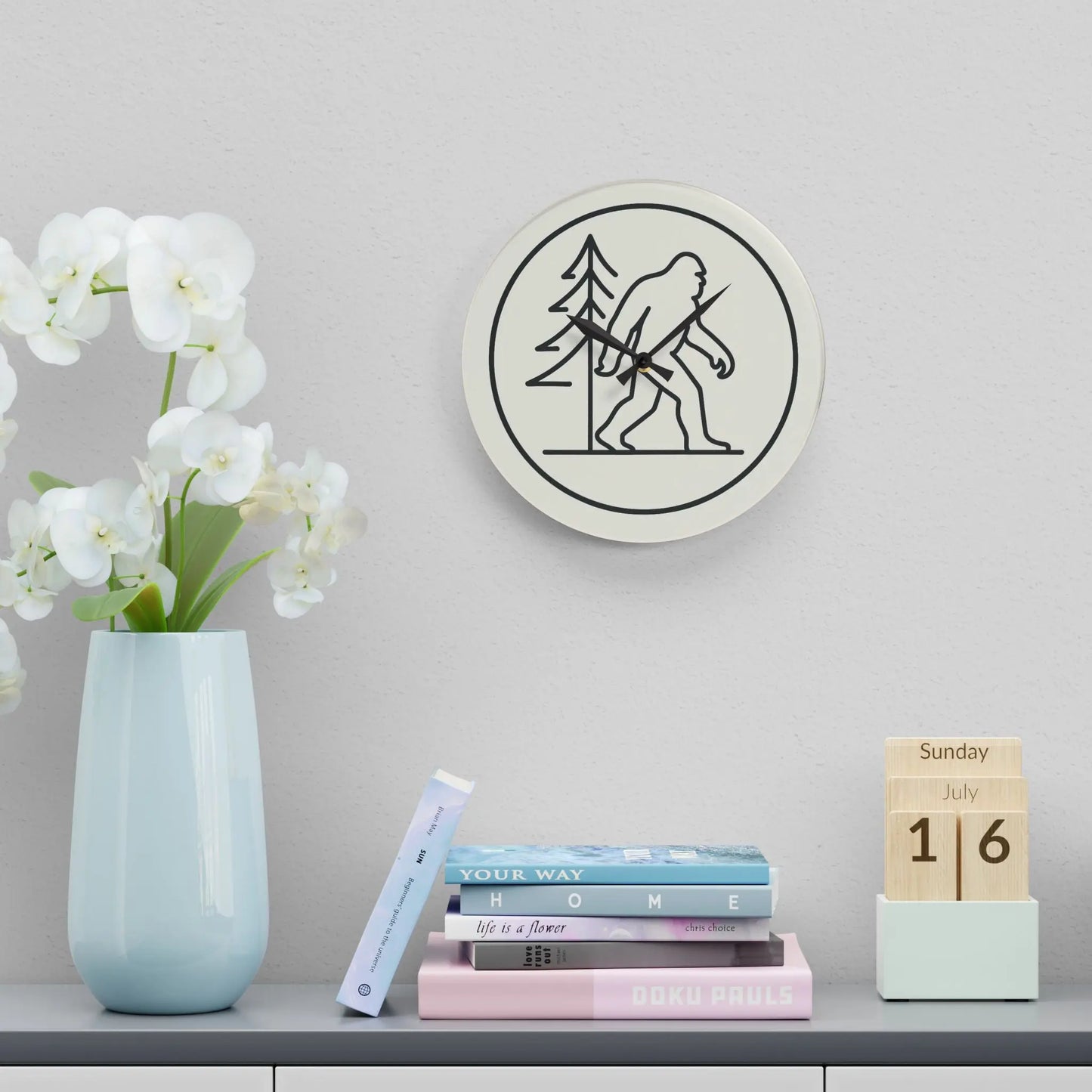 Bigfoot Pine Tree Acrylic Wall Clock — Minimal Single-Line Black & White Printify