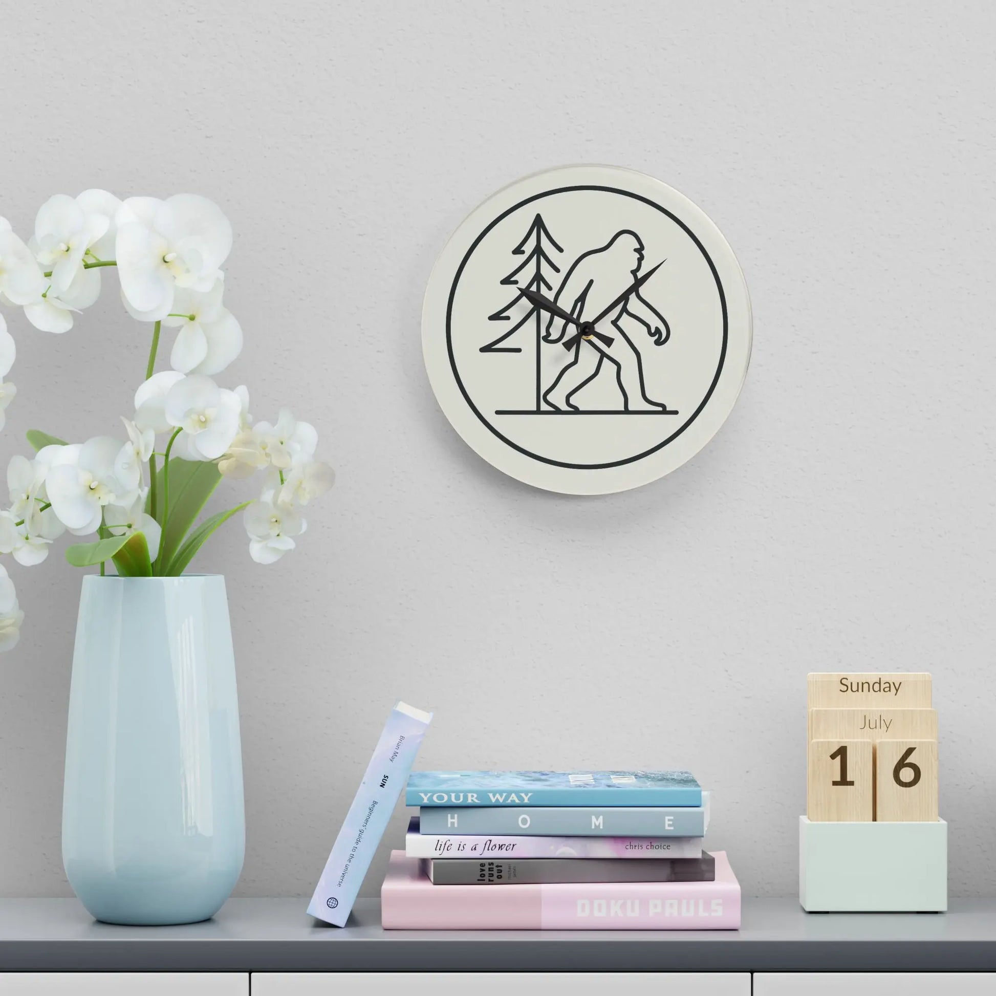 Bigfoot Pine Tree Acrylic Wall Clock — Minimal Single-Line Black & White Printify