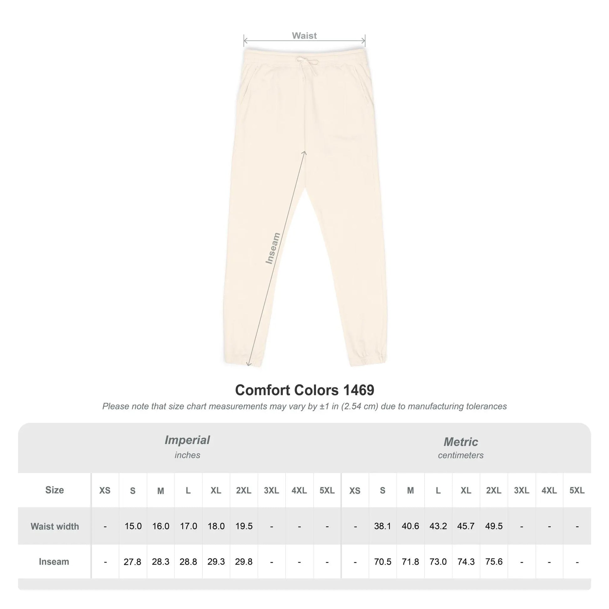 Beige pants with size chart on a white background