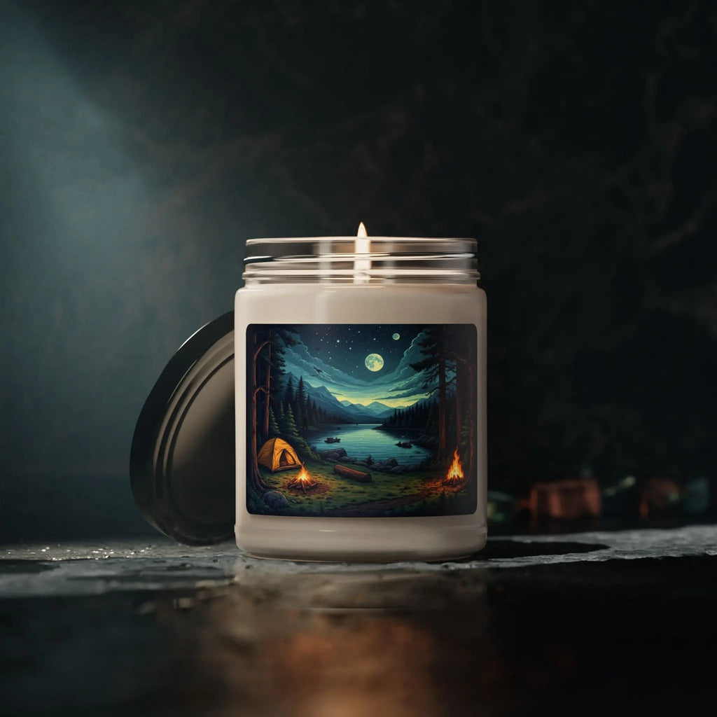 Candle with a scenic design on the packaging in a dark setting