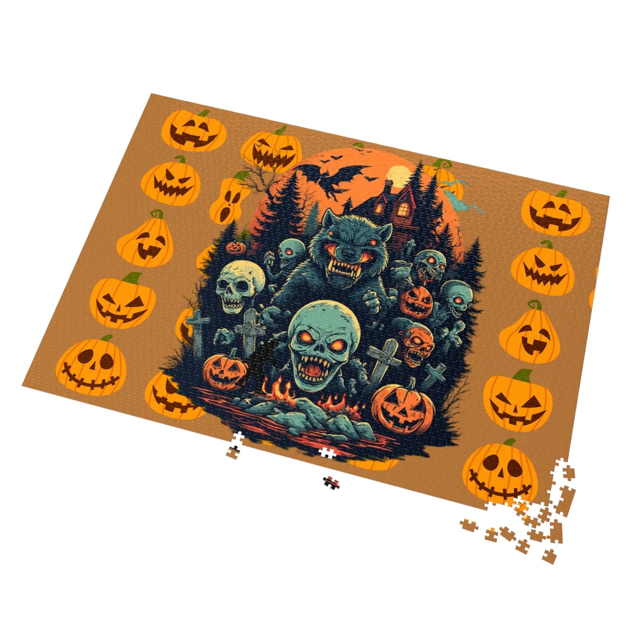 Halloween-themed puzzle with a wolf, ghosts, and pumpkins on a brownish orange background.