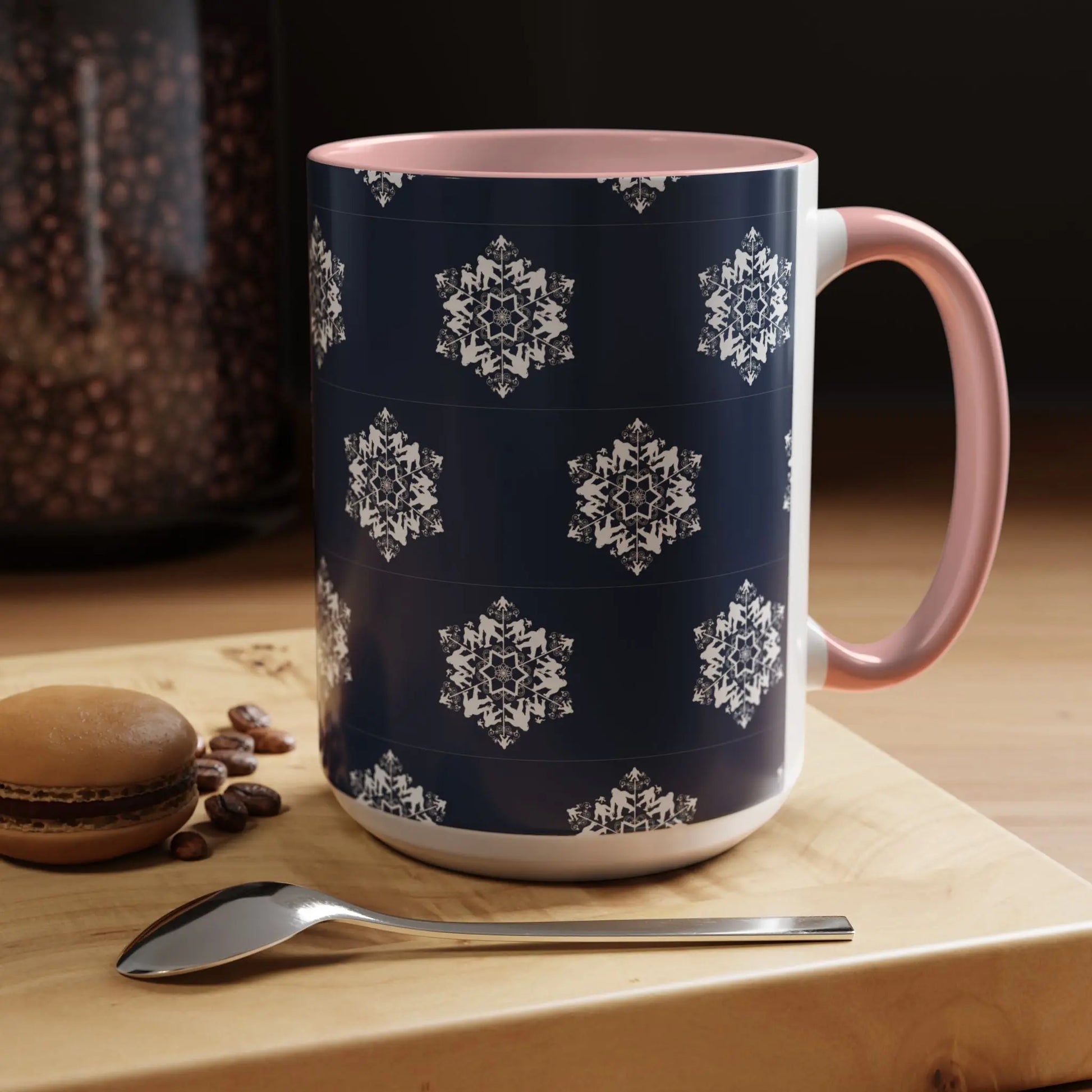 Bigfoot Snowflake Accent Coffee Mug – Navy Holiday Ceramic Cup (11oz/15oz) Printify
