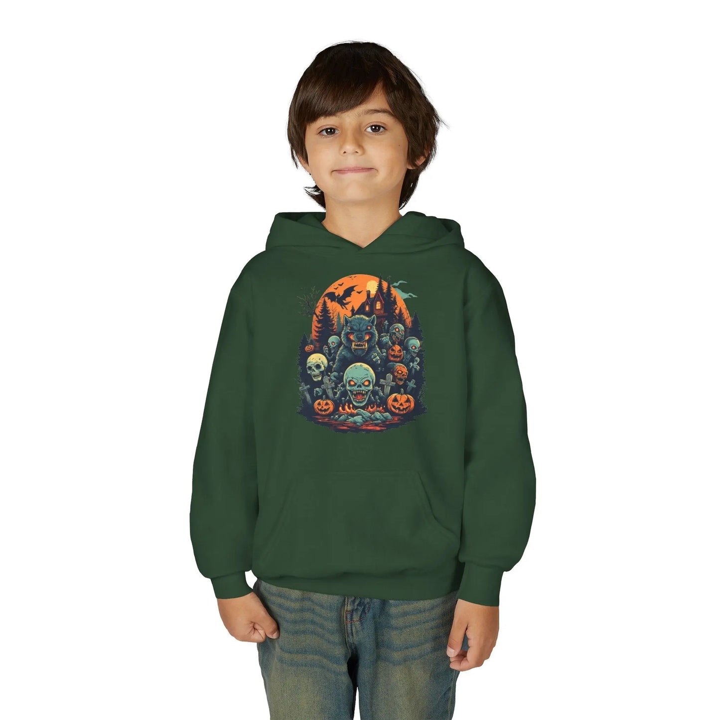 Child wearing a green hoodie with a colorful Halloween graphic design of werewolves, zombies, and other cryptids on a white background