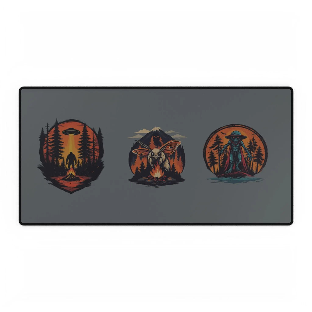 Three illustrated designs on a gray background desk mat