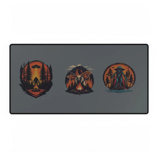 Three illustrated designs on a gray background desk mat