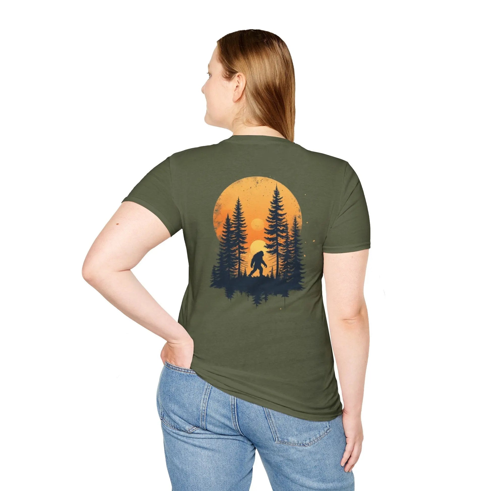 Bigfoot Sunset T-Shirt — Sasquatch Forest Graphic Tee Printify