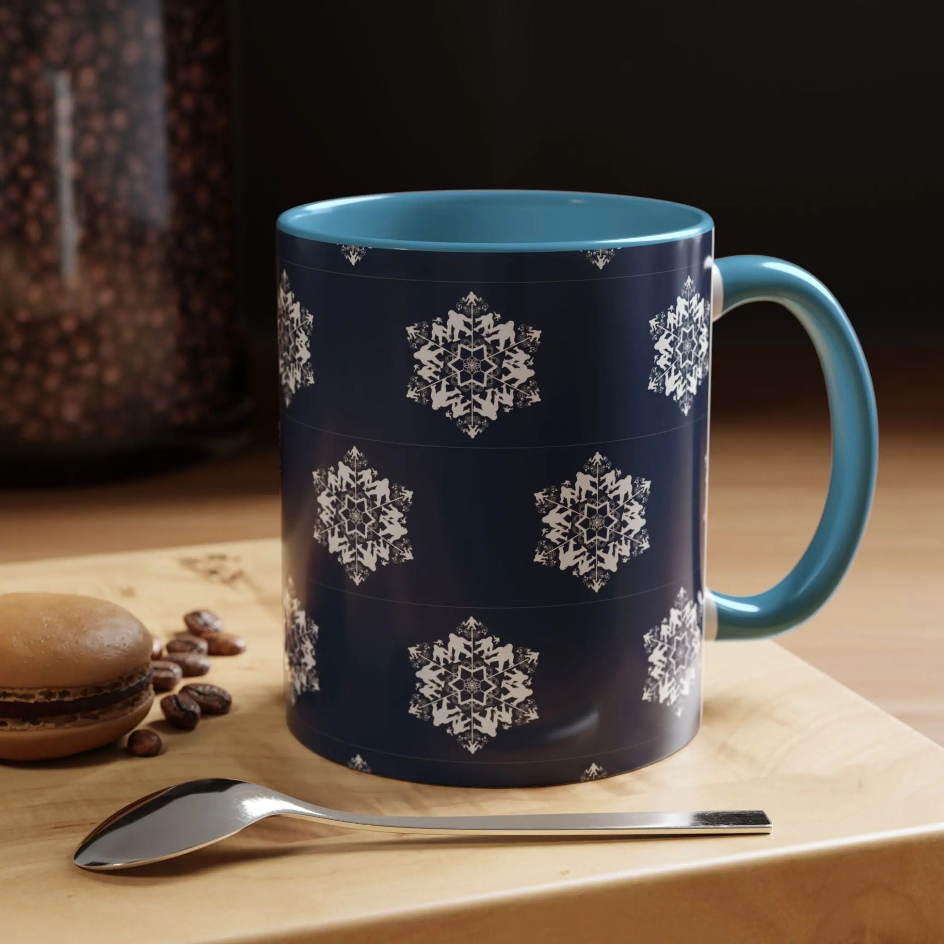 Bigfoot Snowflake Accent Coffee Mug – Navy Holiday Ceramic Cup (11oz/15oz) Printify