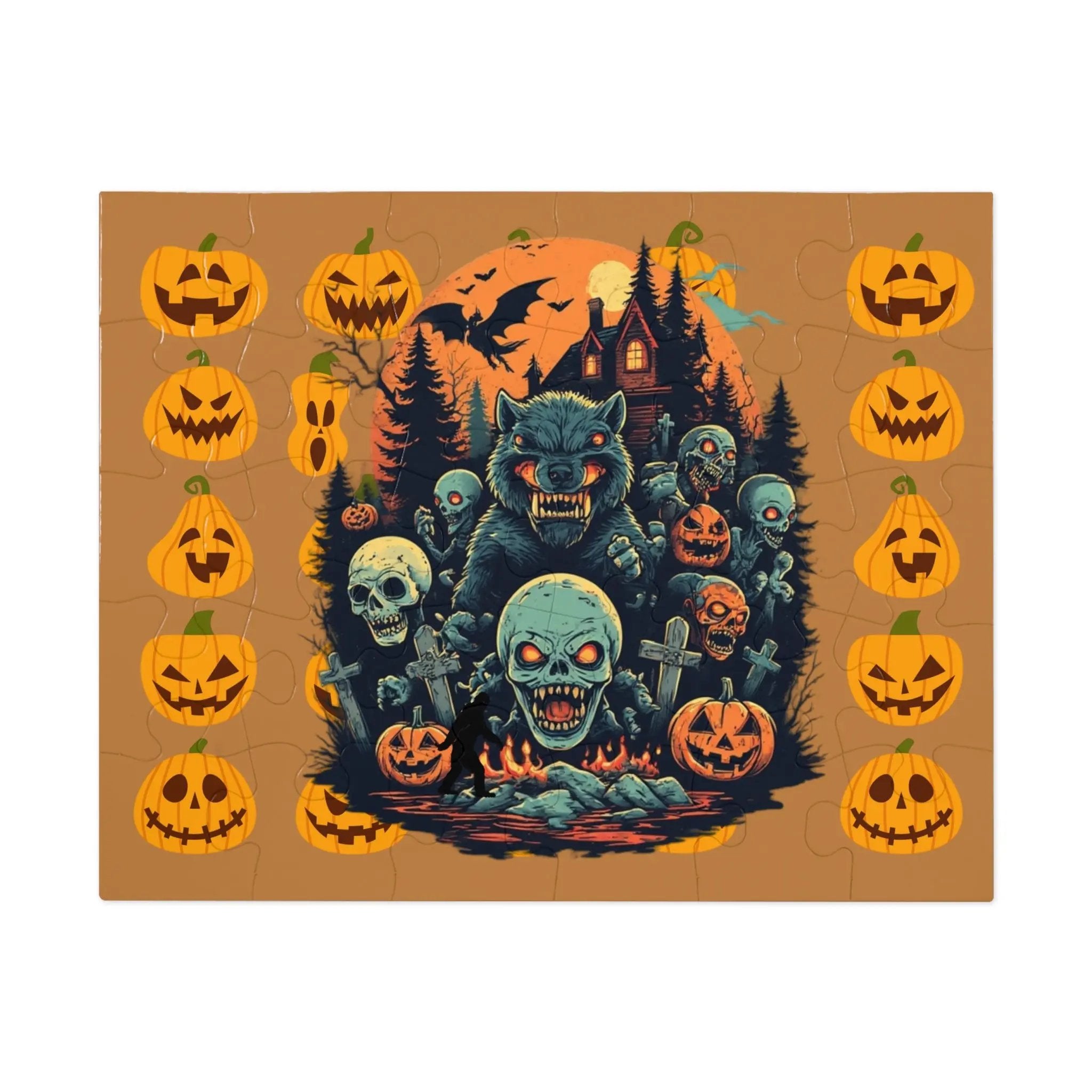Halloween-themed design with pumpkins, ghosts, and a wolf in the center on a brownish orange background.