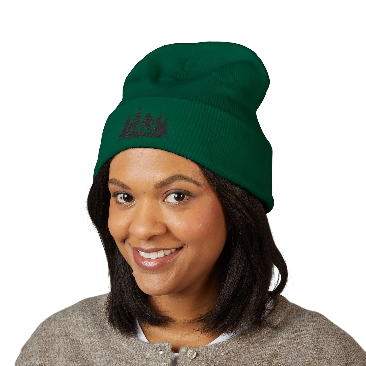Embroidered Mountain & Pine Trees Cuffed Beanie