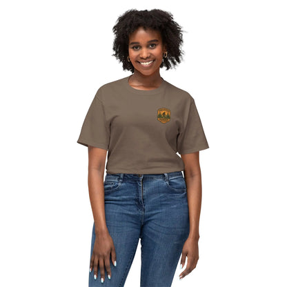 Adventure Patch T-Shirt — Vintage Mountain Forest Logo Tee | Outdoors Lifestyle Shirt