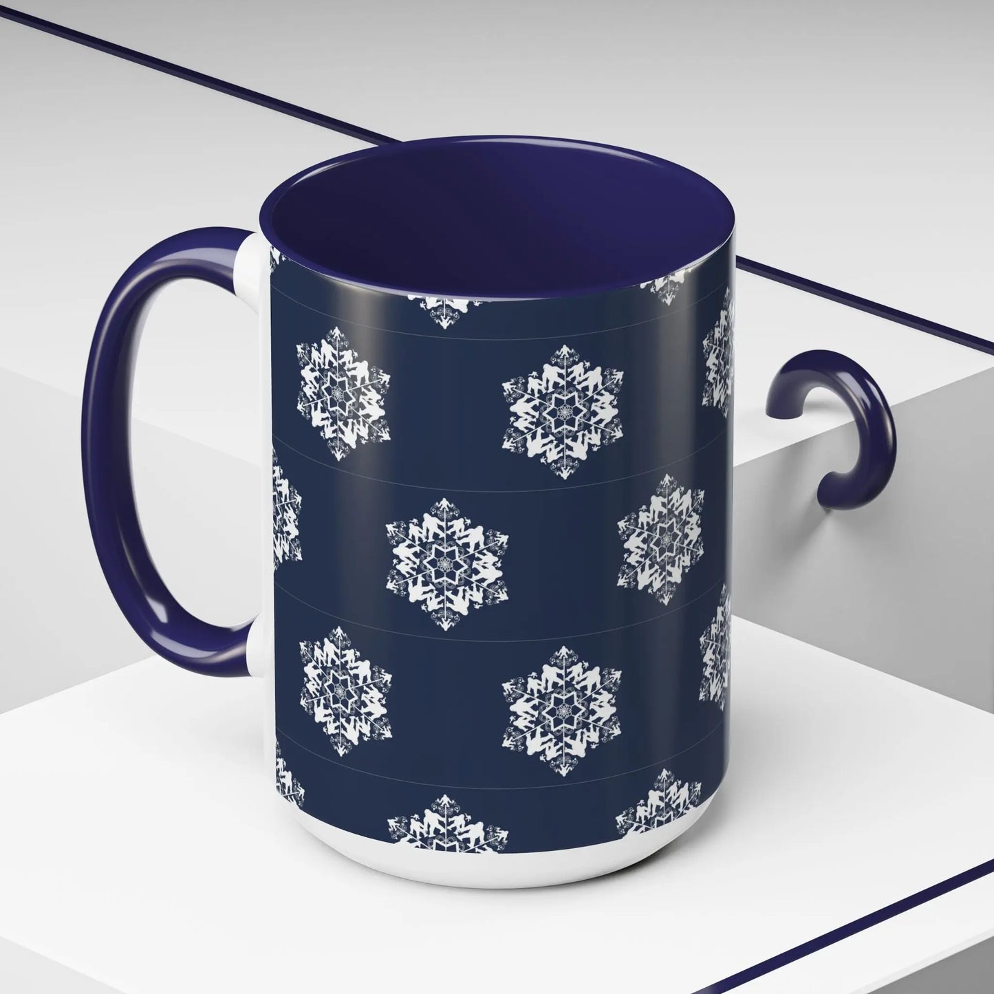 Bigfoot Snowflake Accent Coffee Mug – Navy Holiday Ceramic Cup (11oz/15oz) Printify