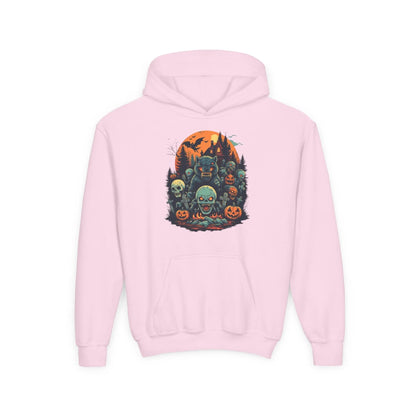 Pink hoodie with a colorful Halloween graphic design of werewolves, zombies, and other cryptids on a white background