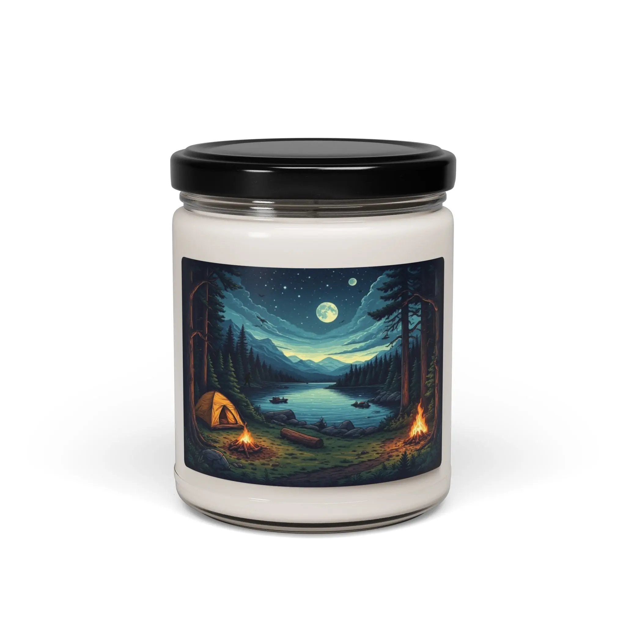 Candle with a forest scene design on a white background