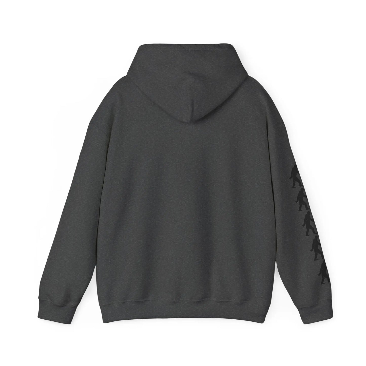 Dark gray hoodie back with black bigfoot graphics on right sleeve against a white background