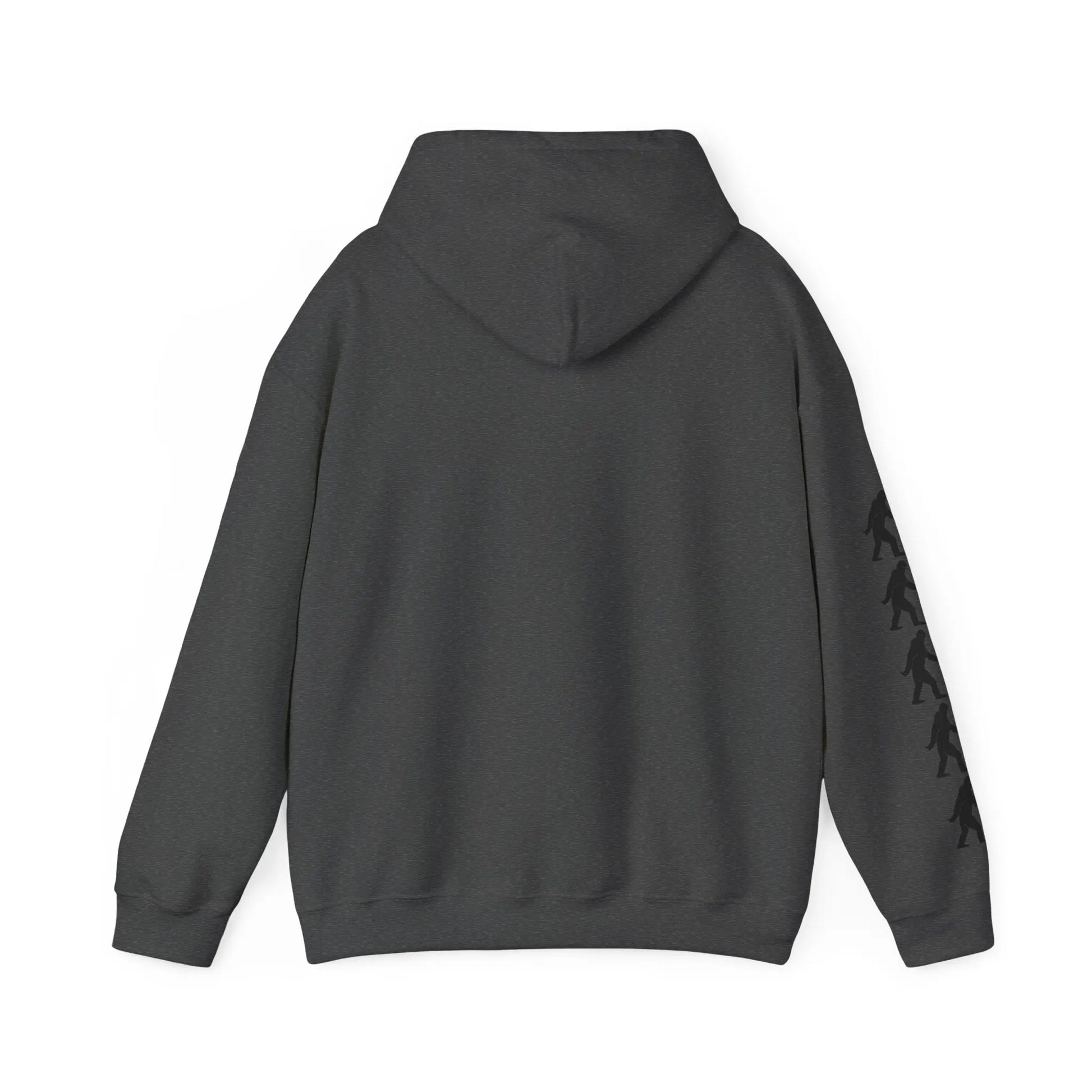 Dark gray hoodie back with black bigfoot graphics on right sleeve against a white background