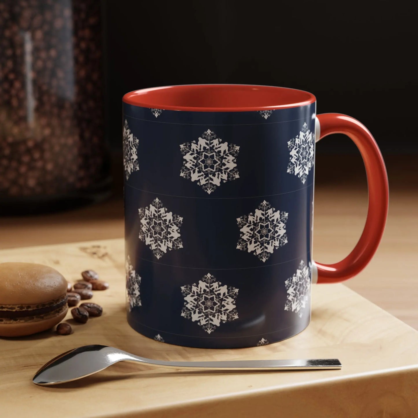 Bigfoot Snowflake Accent Coffee Mug – Navy Holiday Ceramic Cup (11oz/15oz) Printify
