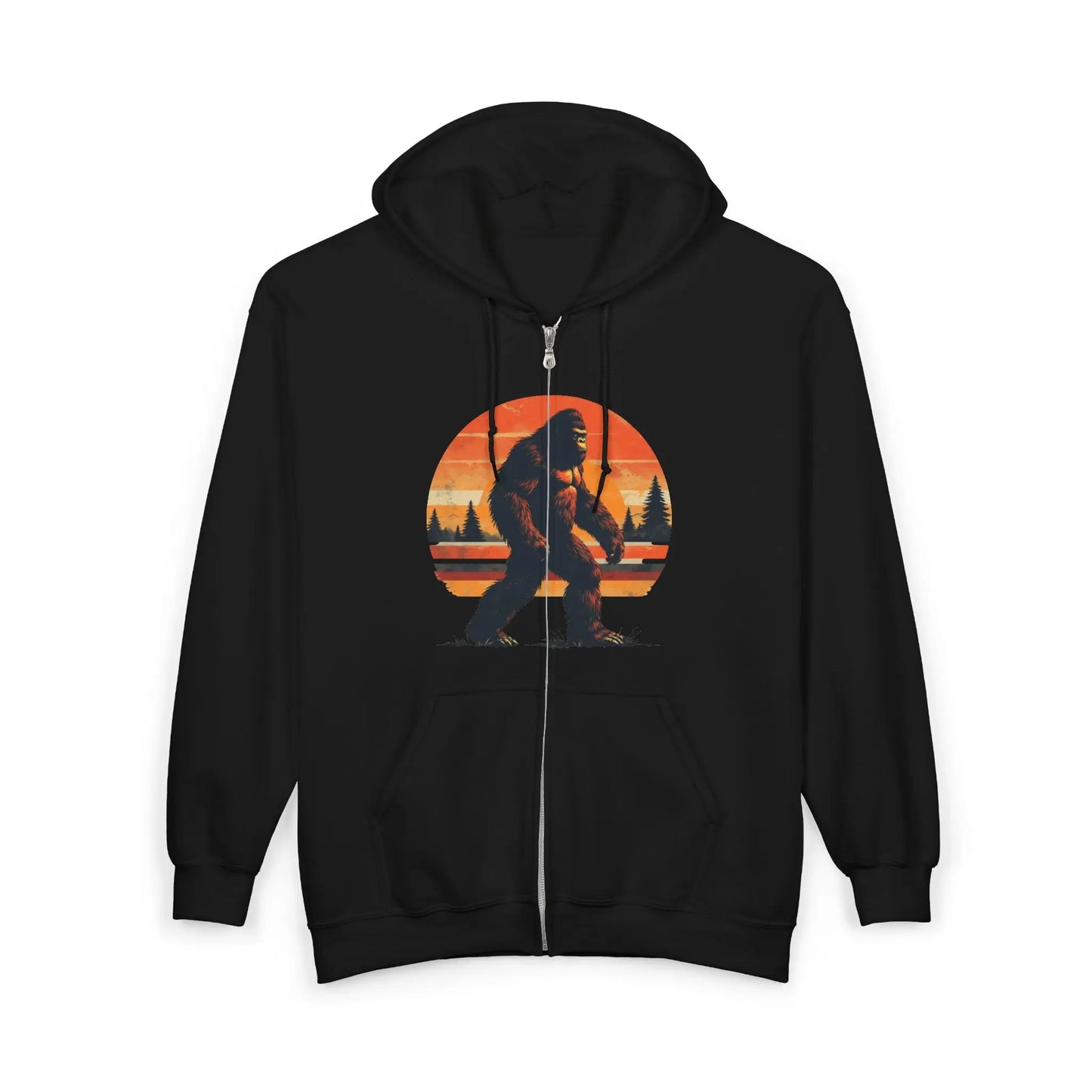 Sunset Sasquatch Zip-Up Hoodie – Warm, Durable Outdoor Layer Printify