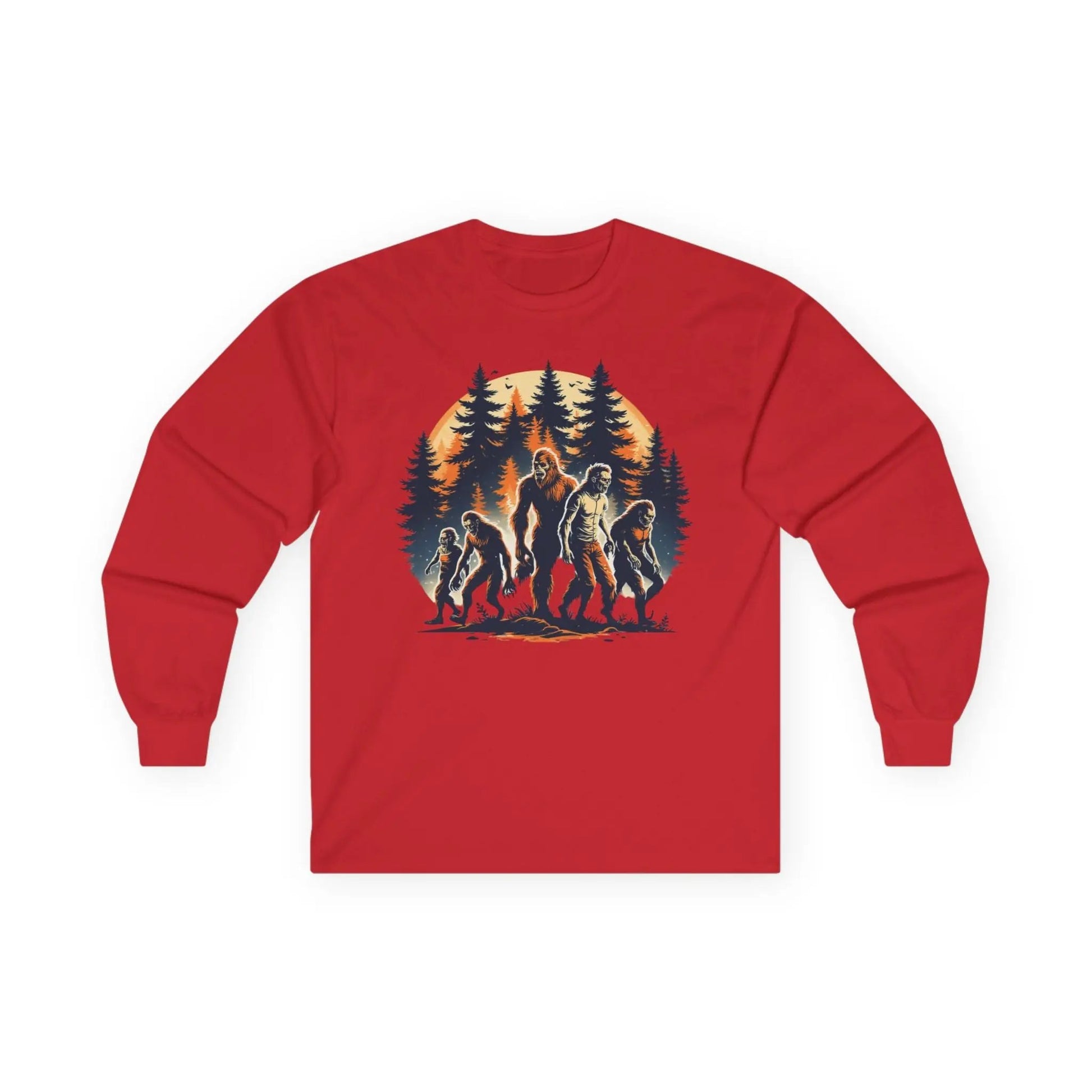 Unisex Bigfoot Long Sleeve Tee – Forest & Camping Shirt, Outdoor Adventure Gift, Halloween & Nature Apparel Printify