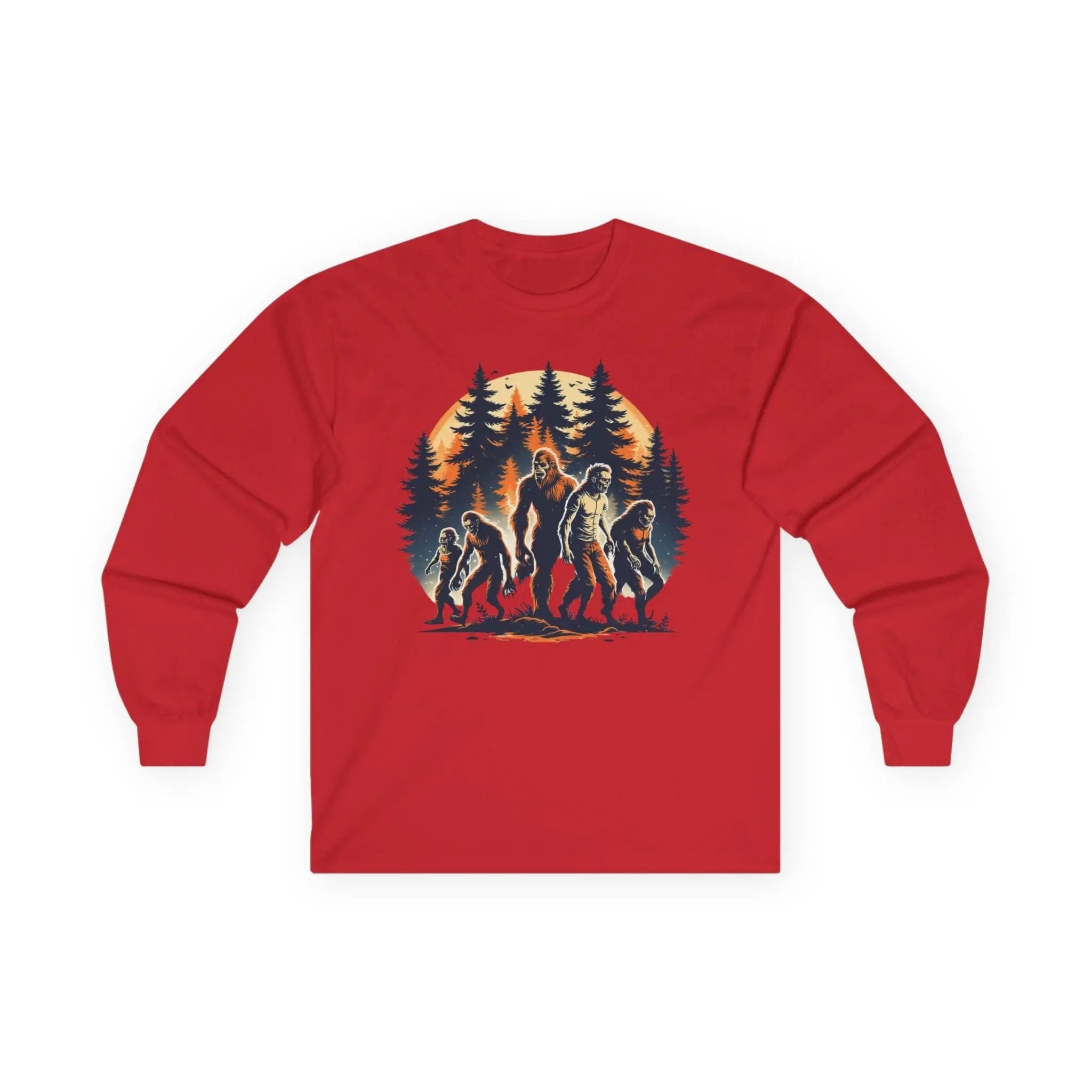 Unisex Bigfoot Long Sleeve Tee – Forest & Camping Shirt, Outdoor Adventure Gift, Halloween & Nature Apparel Printify