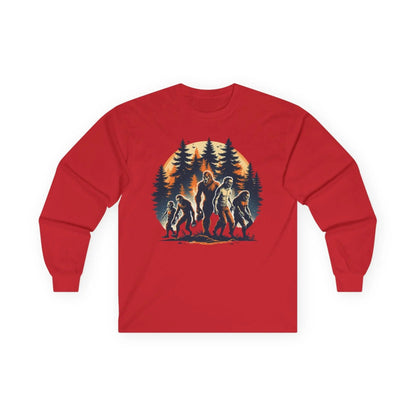 Unisex Bigfoot Long Sleeve Tee – Forest & Camping Shirt, Outdoor Adventure Gift, Halloween & Nature Apparel Printify