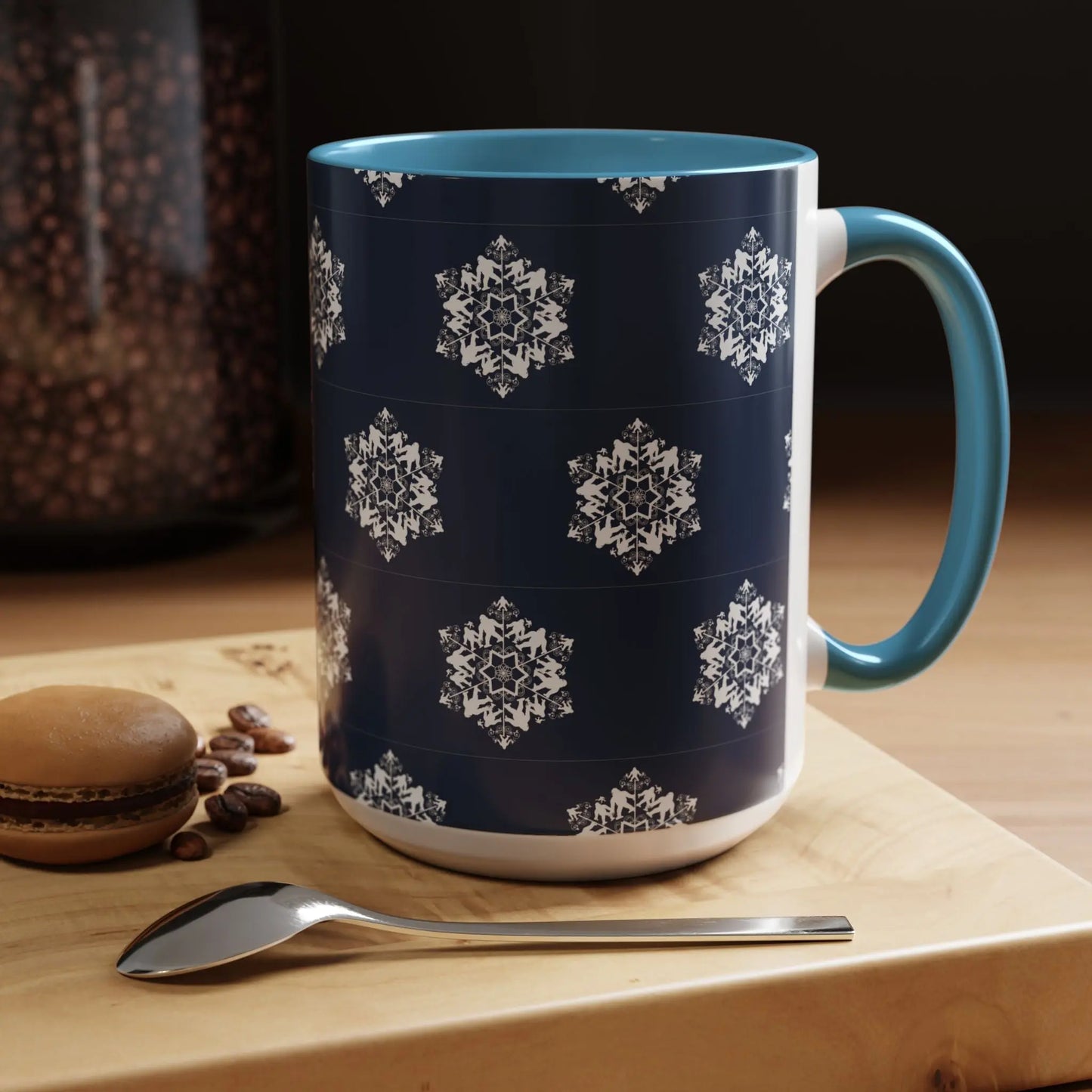 Bigfoot Snowflake Accent Coffee Mug – Navy Holiday Ceramic Cup (11oz/15oz) Printify