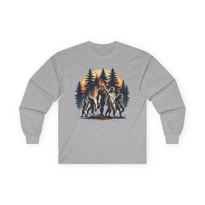 Unisex Bigfoot Long Sleeve Tee – Forest & Camping Shirt, Outdoor Adventure Gift, Halloween & Nature Apparel Printify