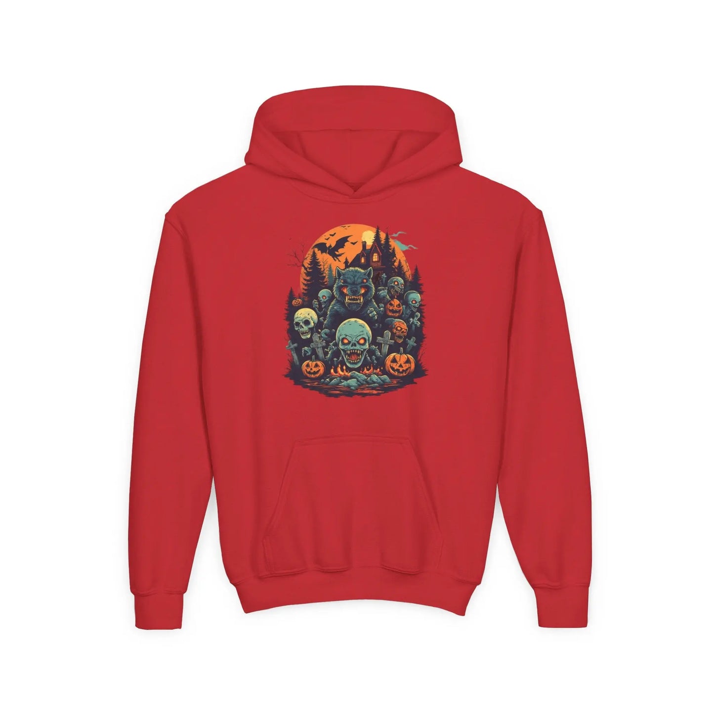 Red hoodie with a colorful Halloween graphic design of werewolves, zombies, and other cryptids on a white background