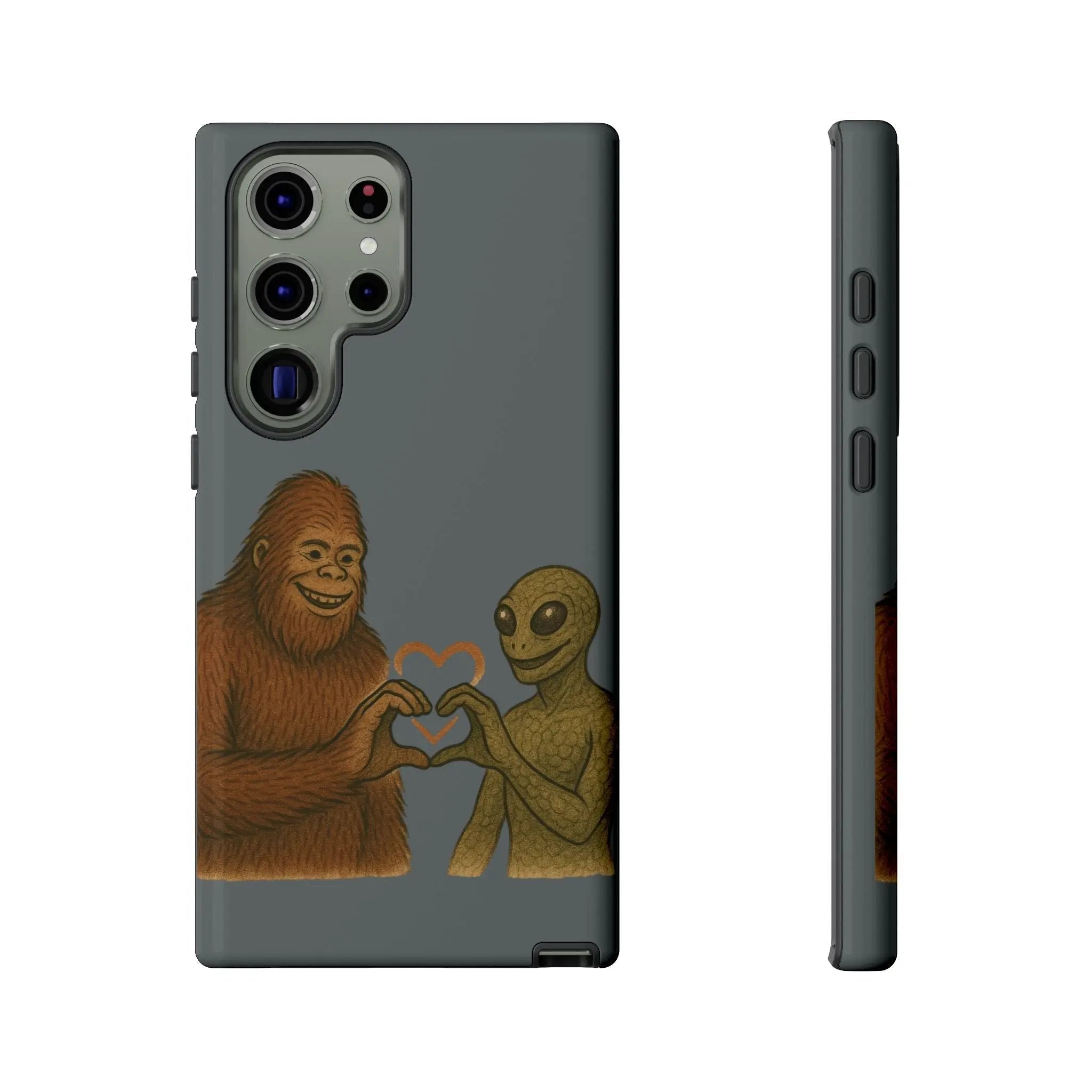 Bigfoot & Lizard Person Hand Heart Phone Case – Fun & Unique Cryptid Design, Perfect Gift for Adults Printify