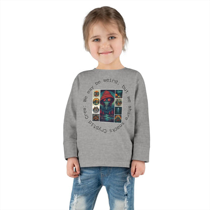 Child wearing a gray sweatshirt with a colorful graphic collage and text on a white background
