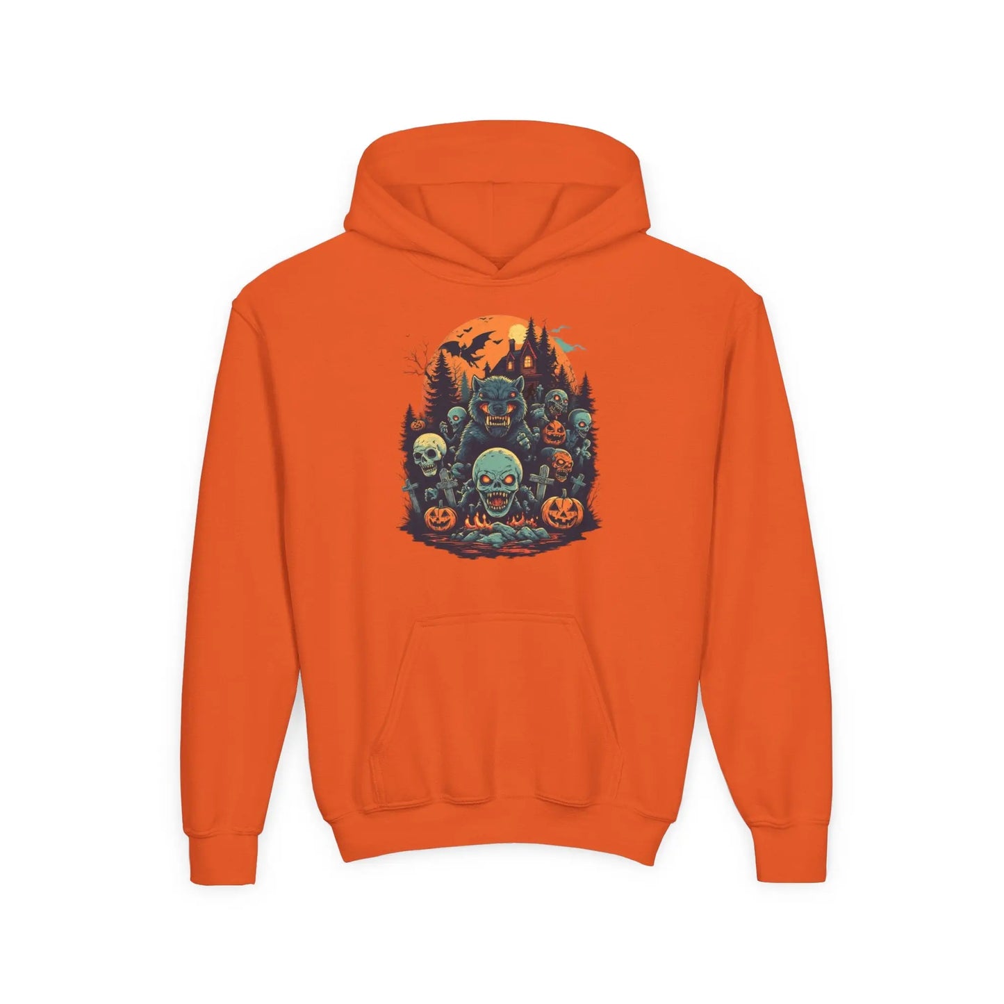 Orange hoodie with a colorful Halloween graphic design of werewolves, zombies, and other cryptids on a white background