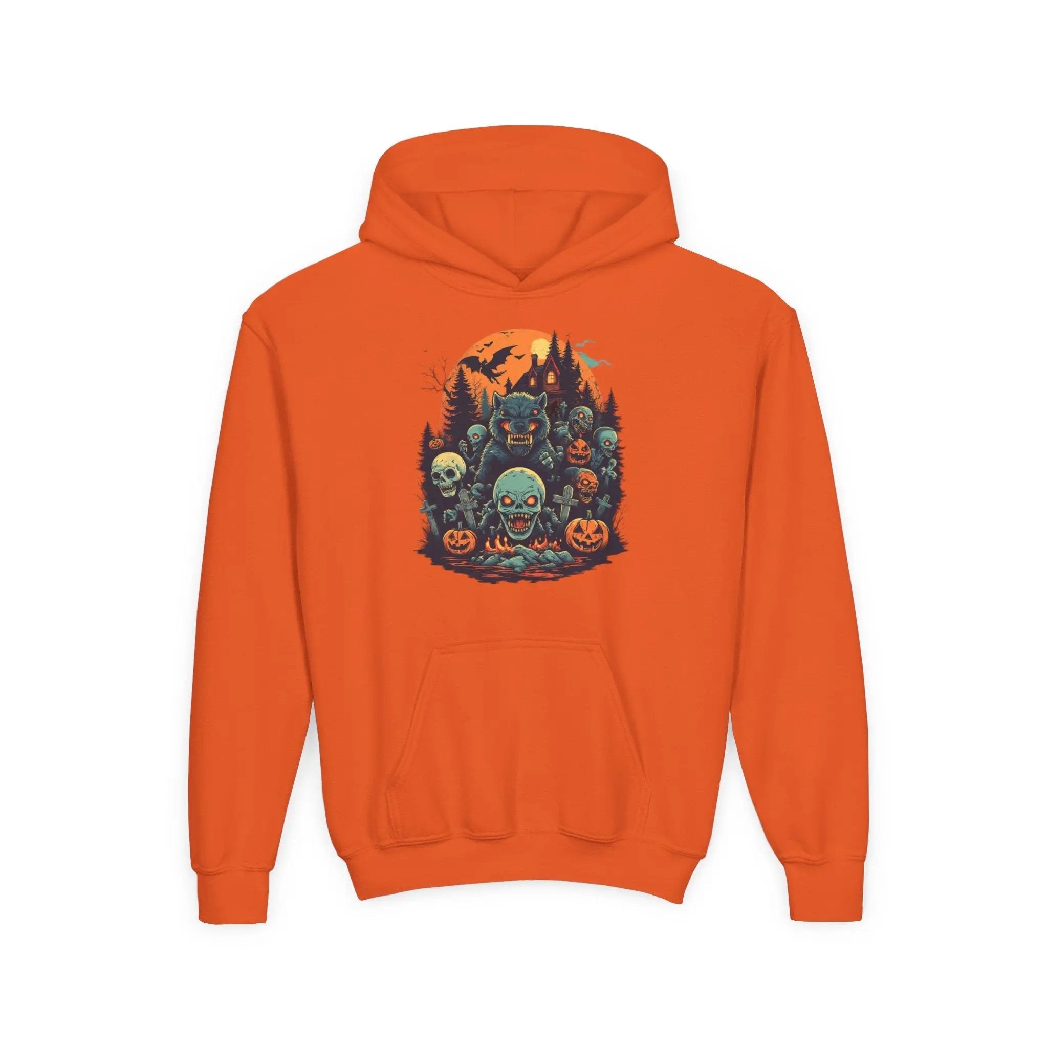 Orange hoodie with a colorful Halloween graphic design of werewolves, zombies, and other cryptids on a white background